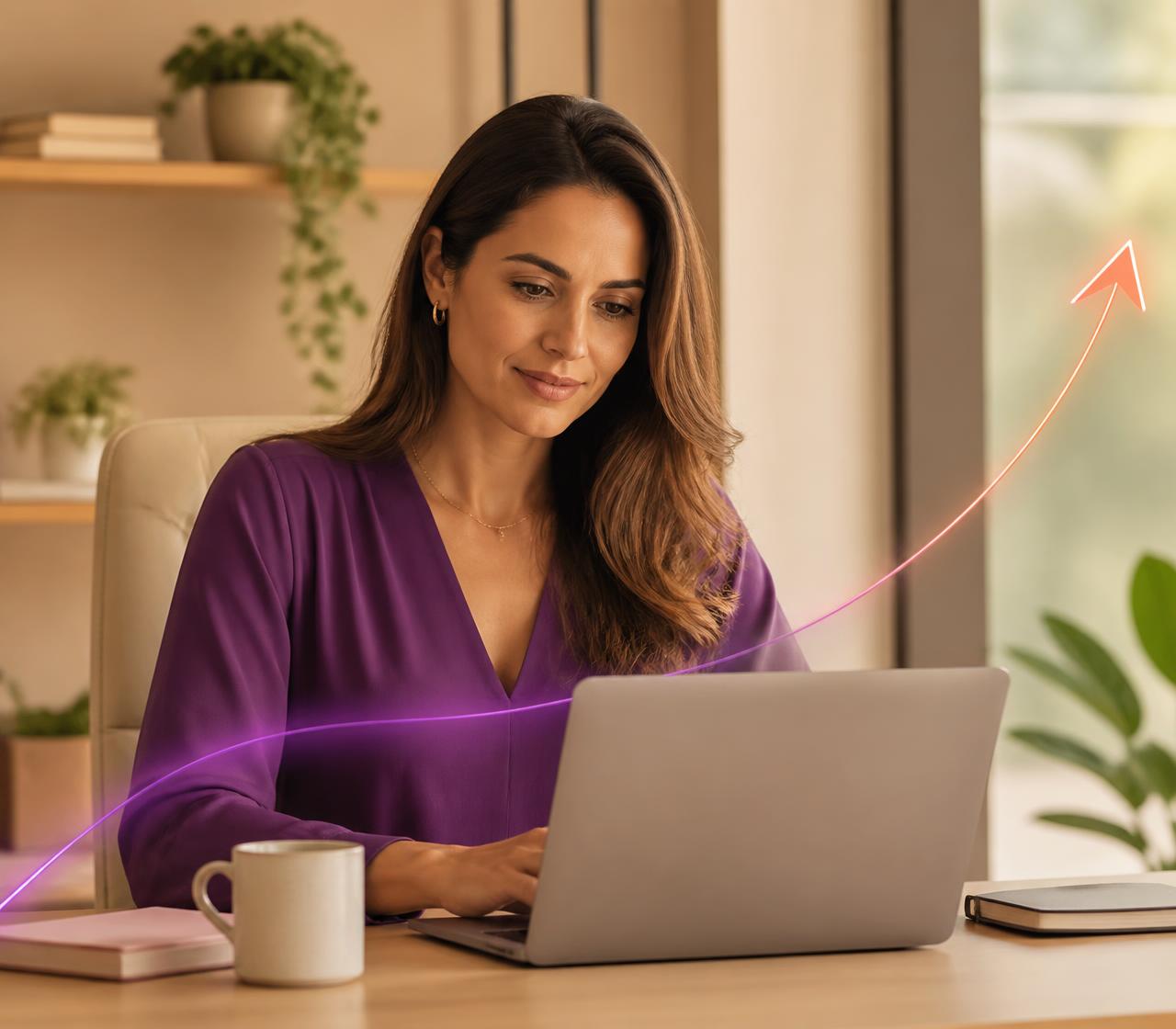 Empresária trabalhando no notebook em ambiente acolhedor, com curva de crescimento da Yootz